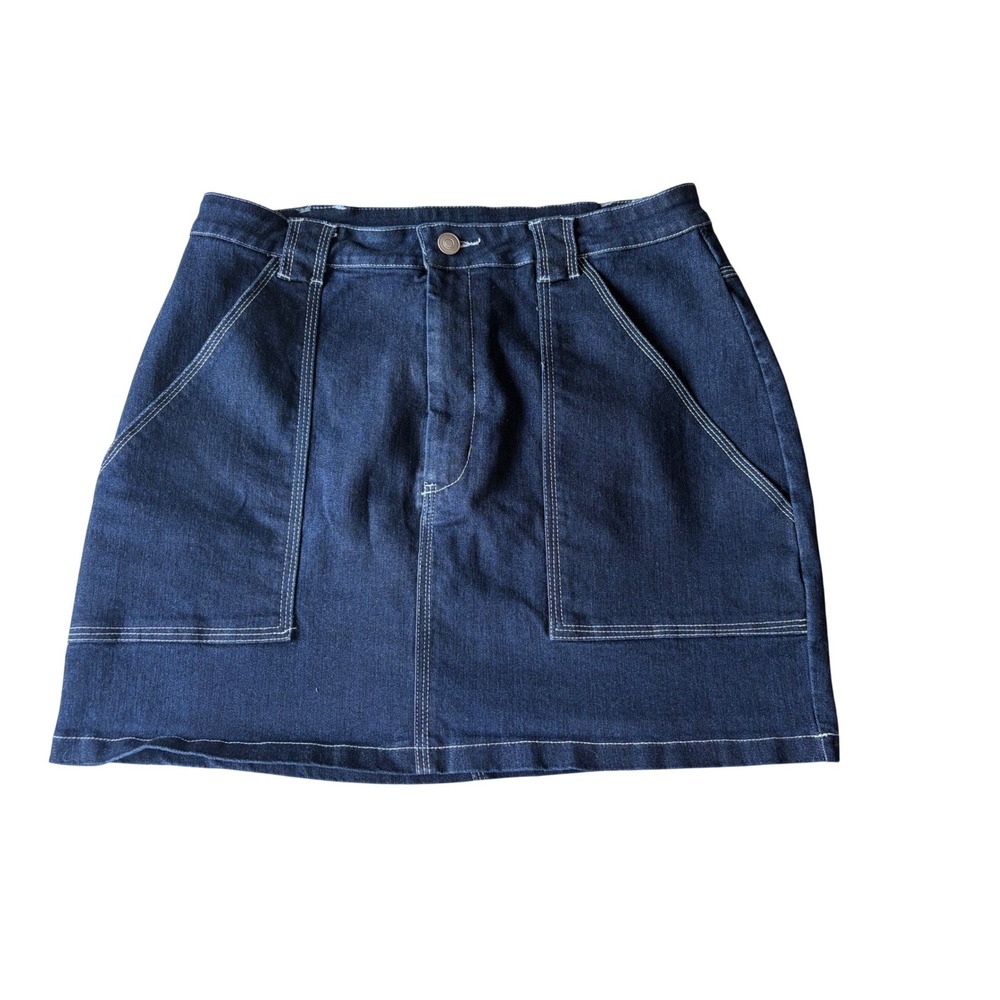 Fashion Nova Womens XL Dark Wash Denim Mini Skirt High Waist Contrast Stitch